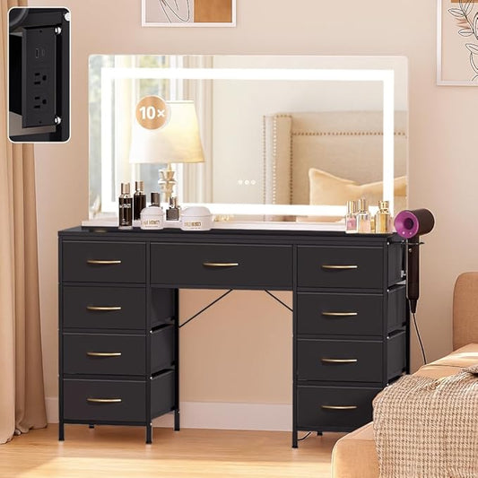 COMHOMA Vanity Desk with Large Mirror,LED and Power Outlet,Makeup Table with 9 Storage Drawersand HD Mirrors,3 Color Modes Adjustable Lighting for Bedroom Dressing Room (Black, 47inch)