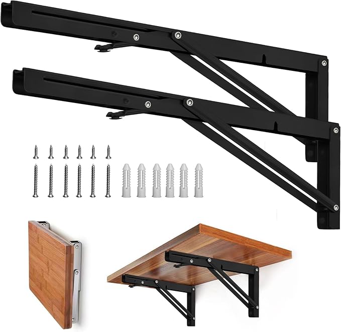 Storystore Folding Shelf Brackets - 20 Inch Heavy Duty Metal Collapsible Shelf Bracket for Bench Table, Shelf Hinge Wall Mounted Space Saving DIY Bracket, Max Load: 150 lb 2 PCS (Black)