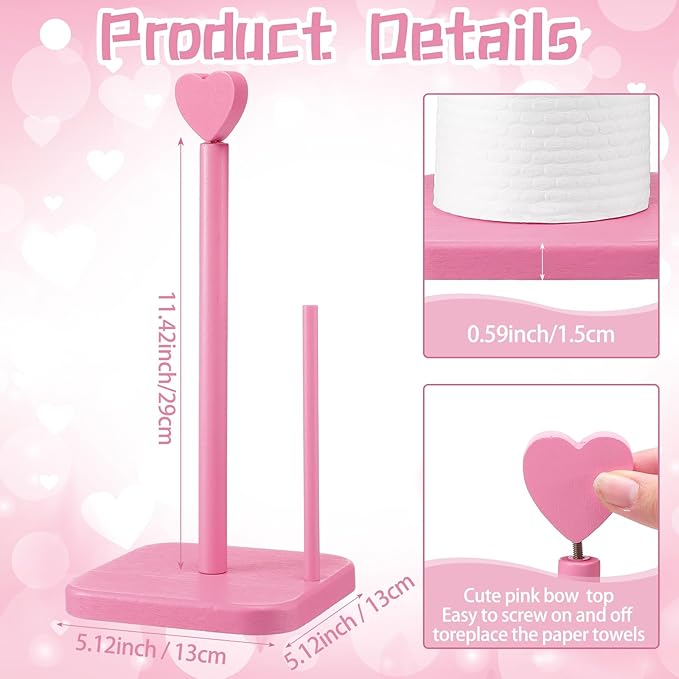 Leinuosen Valentines Day Pink Heart Paper Towel Holder Cute Heart Wooden Paper Towel Holder Pink Bathroom Countertop Accessories Kitchen Roll Stand Organizer Standing Apartment Decor Housewarming Gift