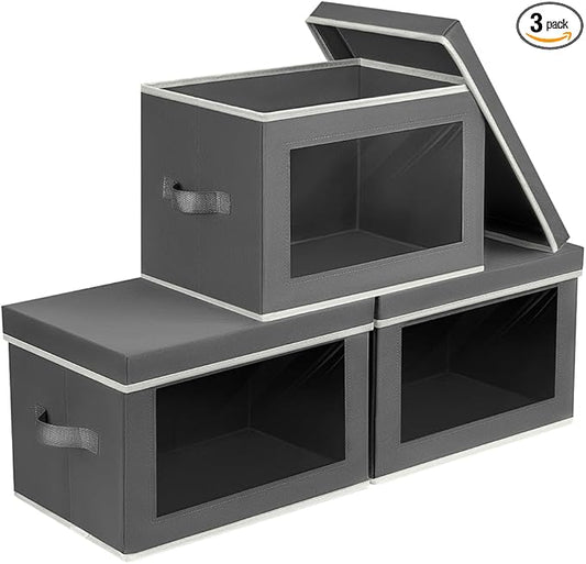 Collapsible Storage Bins with Lids - Stackable Storage Containers with Window, 3 Pack Fabric Bins for Closet, Home & Office Organization Baskets, Dark Gray, 14.9" x 9.8" x 9.8"