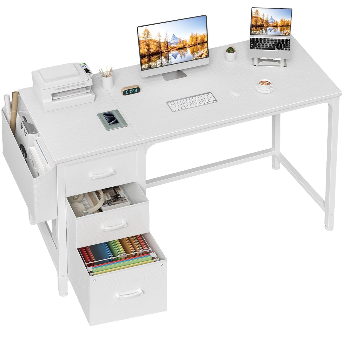 Lufeiya White Computer Desk with Fabric File Drawers Cabinet, 55 - Image 1