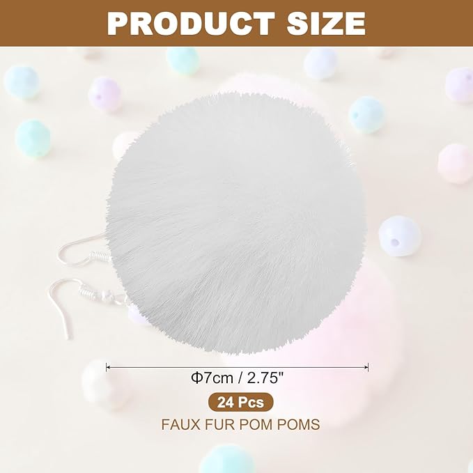 PATIKIL Faux Fur Pom Poms for Hats, 24 Pcs Fluffy Soft Fur Poms Balls with Elastic Loop for Keychain Knitting Hats DIY Scarves Gloves Bag Christmas, White