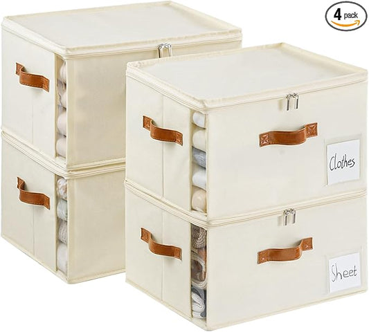 4 Pack Large Storage Bins with Lids,Foldable Closet Organizer with Clear Window,Collapsible Storage Cubes with Handle,Fabric Storage Containers for Organizing Blanket,Clothes,15.94x11.81x9.84 Inches