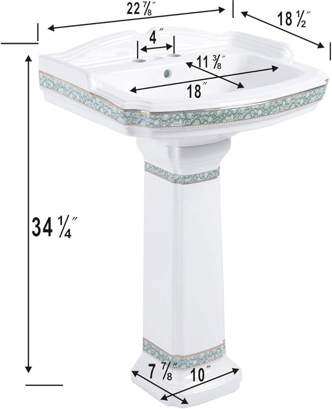 Renovators Supply Manufacturing 23" White Pedestal Bathroom Sink Heavy Duty Porcelain, Green and Gold Decorative Accents, 4" Centerset Faucet Holes, High Backsplash and Overflow