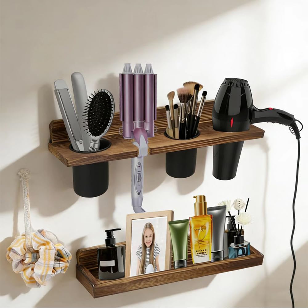 Hair Tool Organizer Wall Mount Holder, 2 Layer Rustic Blow - Image 1