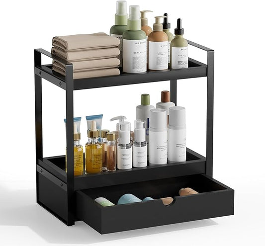 2-Tier Bathroom Organizer Countertop with Drawer, Wood Bathroom Counter Shelf for Storage, Vanity Organizer Countertop for Kitchen, Office