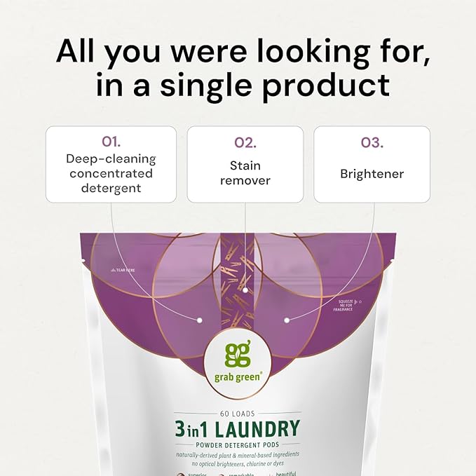 Grab Green Natural 3 in 1 Laundry Detergent Pods, Gardenia-with Essential Oils, 132 Loads, Organic Enzyme-Powered, Plant & Mineral-Based, White, 74.5Oz