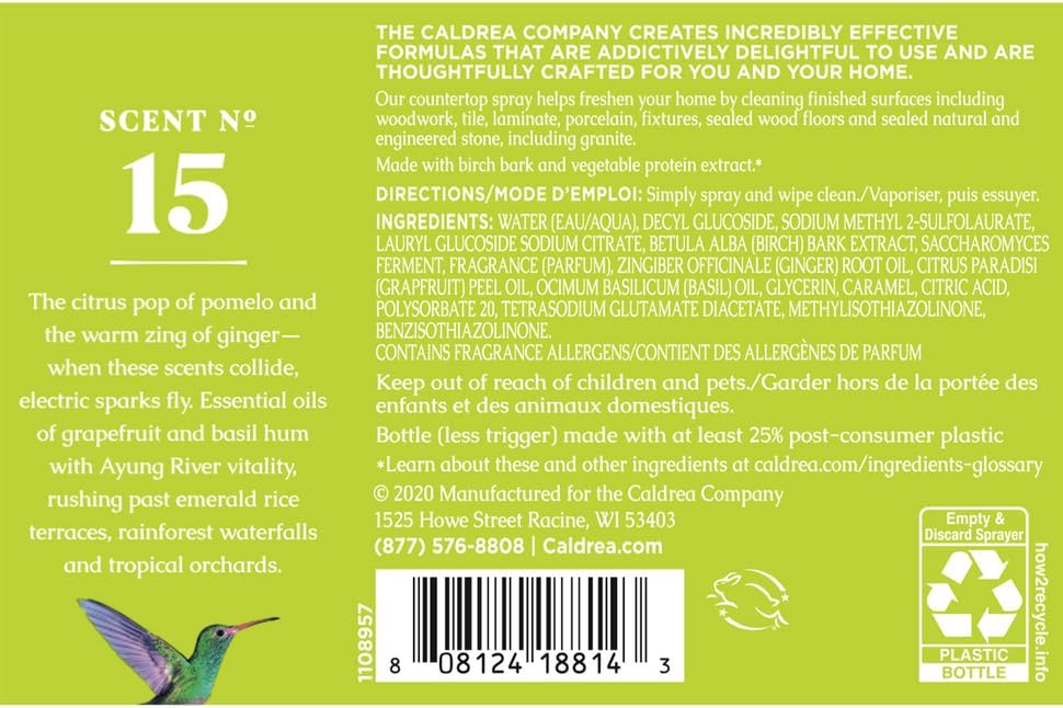 Caldrea Multi-surface Countertop Spray Cleaner, Made with Vegetable Protein Extract, Ginger Pomelo Scent, 16 oz