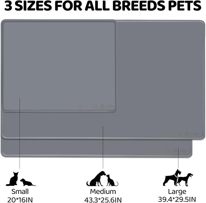 Dog Water Mat 2-Pack 20×16in - Silicone Dog Mats for Food and Water, Non-Slip Pet Feeding Mat for Floors, Waterproof Cat Bowl Mats to Prevent Spills -Dark Gray & Silver Gray