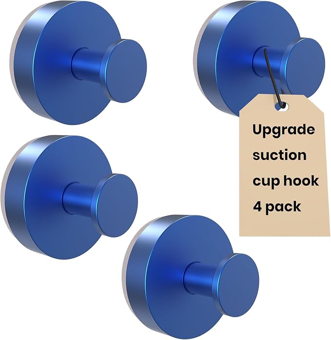 Vacuum Suction Cup Hooks for Shower 4 Pack, Heavy Duty Aluminum Alloy Towel Hooks for Bathroom Kitchen Glass Tile Mirror Wall No Drill Removable Robe Loofah Coat Suction Hooks Hanging-Blue