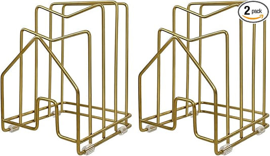 2 Pack Pot Lid Organizer Cutting Board Holder Inside Cabinet 304 Stainless Steel Pot and Pan Organizer Under Cabinet Cookie Sheet Bakeware Serving Tray Cooling Rack Stand Kitchen Countertop Matte Gold