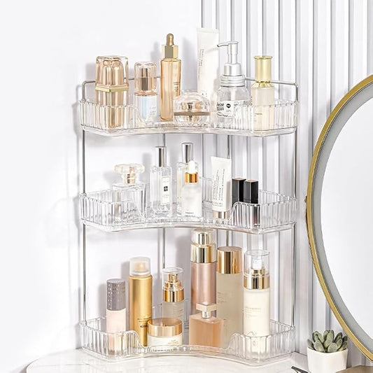 Corner Bathroom Counter Organizer, Vanity Trays for Bathroom, Skincare Makeup Organizer Shelf, Shelf Cosmetics, Toiletries, Lotions, Perfumes (3 Tiers, Clear)