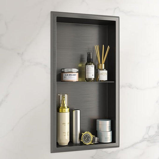 Shower Niche, 12" x 24" Black Stainless Steel Niches No Tile Needed, Two-Tier Wall Niches, Recessed Shower Shelf, Bathroom Niche for Storage