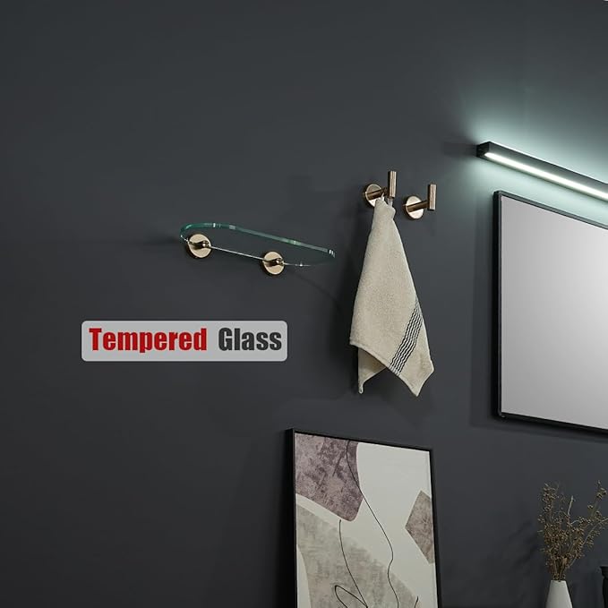 JQK Bathroom Glass Shelf, Tempered Glass Shower Storage 12 by 5 inches, 304 Stainless Steel Champagne Bronze Wall Mount, TGS121L12-CB
