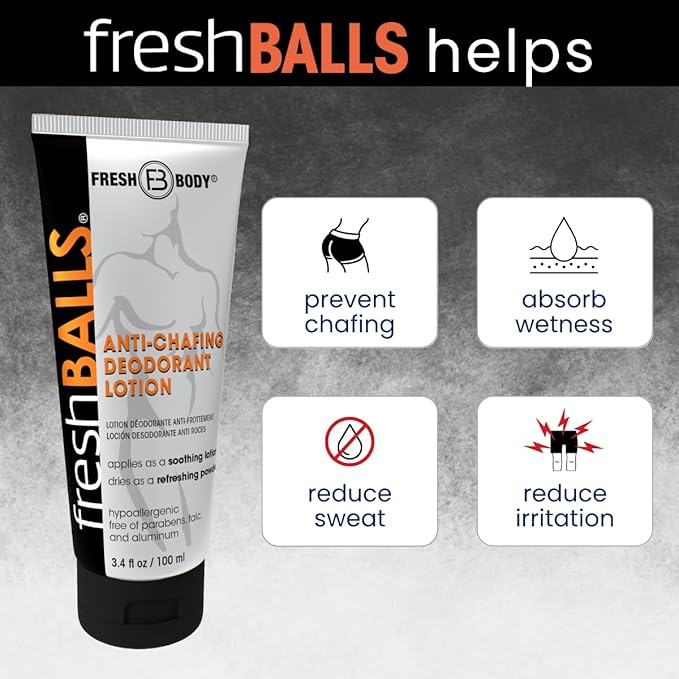 FRESH BALLS Lotion (4 Pack) | Anti-Chafing Men's Soothing Cream to Powder Balls Deodorant and Hygiene for Groin Area, 3.4 fl oz