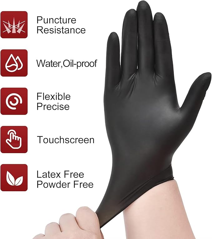 6 Mil Heavy Duty Black Nitrile Disposable Gloves, Latex Powder-Free, Textured Rubber Gloves for Cooking Mechanic