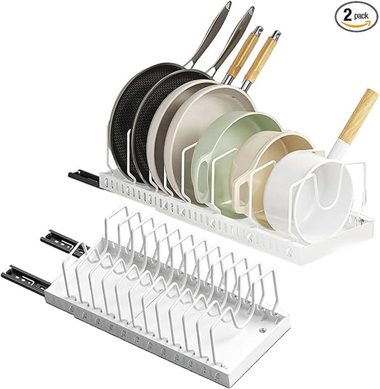 pots and pans organizer under cabinet,pot lid organizers inside cabinet holders for kitchen,Horizontal and vertical pulling modes,cast iron storage ((2pcs) White vertical)