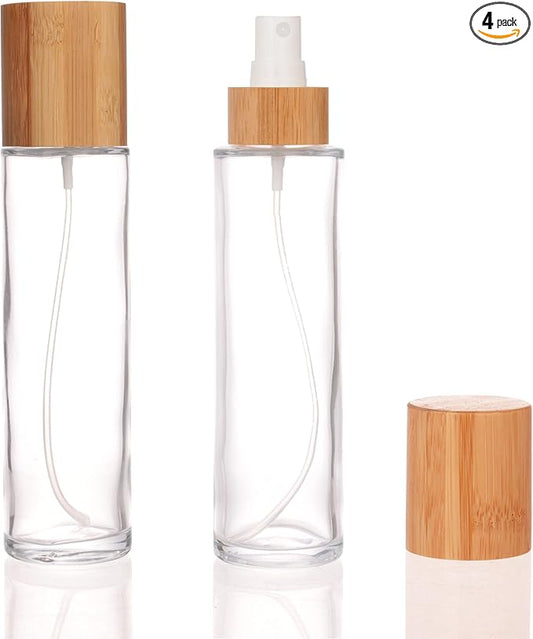 COSIDEA 12 pcs Empty 4oz /120ml bamboo lid clear glass spray bottle with fine mist despenser head for liquid perfume toiletries containers, toner bottles