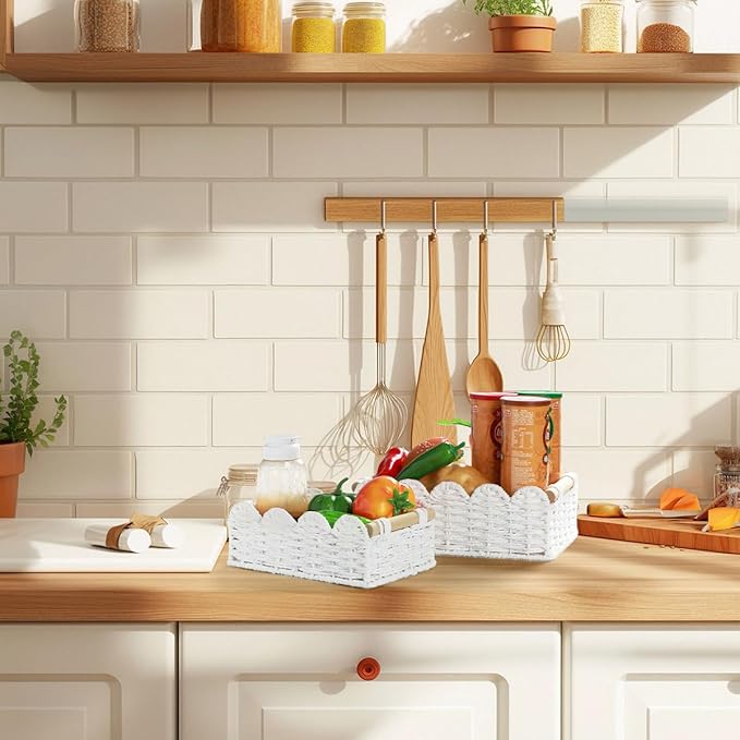 2 Pack Scalloped Wicker Basket Paper Rope Storage Baskets with Wooden Handles Hand-Woven Organizer Bin Wicker Storage Baskets for Organizing, Home Decor (White)