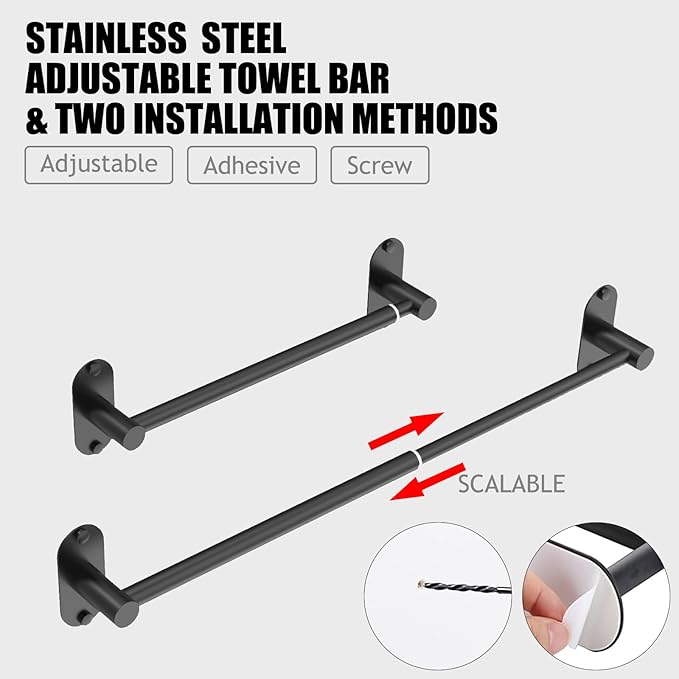 Towel Bar, Adjustable 14.4inch - 25.2inch Towel Rack, Self Adhesive & Wall Mounted for Bathroom Kitchen Hand Towel Holder Cloths Hanger SUS 304 Stainless Steel Organizer Single Bar (1, Matte Black)