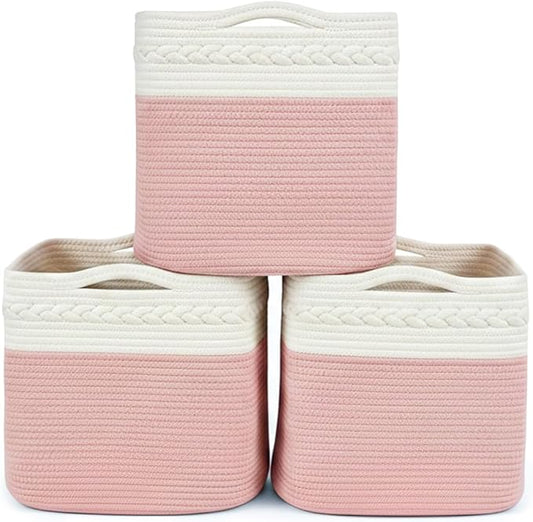 danpinera Storage Cubes, 13 Inch Cube Storage Organizer, 3-Pack, Cotton Rope Woven Baskets for Shelves Organizer, Classroom, Kitchen, Laundry, Closet, Baby Nursery, 13x13x13IN, White & Pink