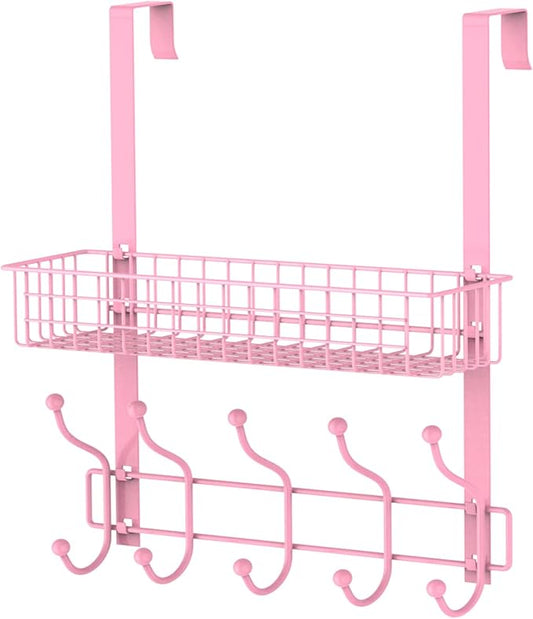 Coat Rack, Over The Door Hanger with Mesh Basket, Detachable Storage Shelf for Towels, Hats, Handbags, Coats (Pink)