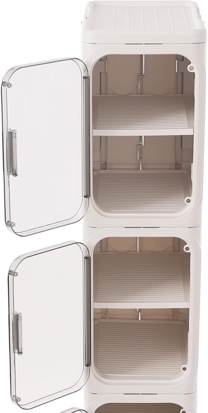 4-Tier Plastic Narrow Storage Cabinet with Movable Wheels & Doors, Tall Slim Bathroom Organizers and Storage Cabinet for Small Space, Bathroom, Kitchen, Laundry (White)