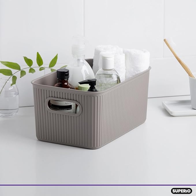 Decorative Plastic Basket Open Home Storage Bins Organizer Baskets, Medium Taupe (4 Pack) Container Boxes for Organizing Closet Storage Bins for Shelves Drawer Shelf - Ribbed Collection 5 Liter