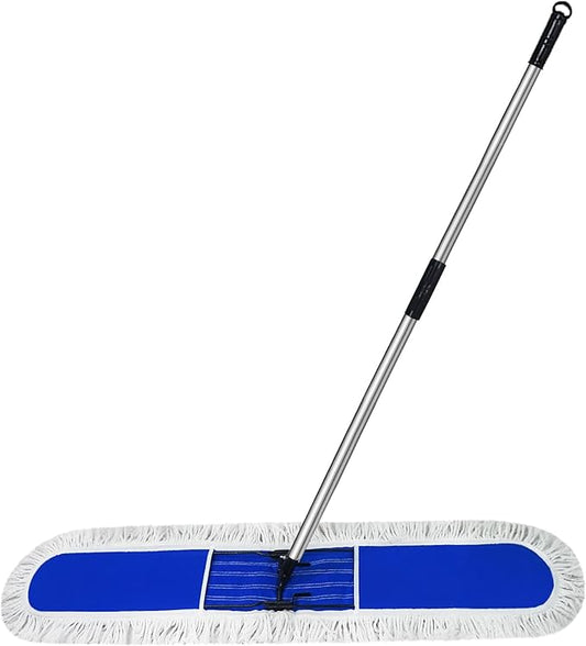 48 inch Commercial Dust Mop for Hardwood Floors, Large Size Dry Mop, Reusable Cotton Yarn Head, Telescopic Stainless Steel Handle, Industrial dust mops for Floor Cleaning, Marble, Blue