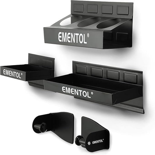 EMENTOL 4PCS Magnetic Tool Shelf Set, Tray, Paper Towel Holder, for Tool Organizer, Magnets Any Metal Surface, Black