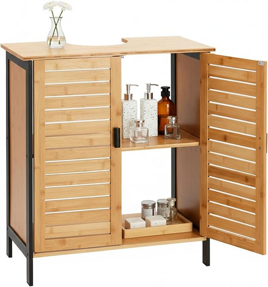 24" Bamboo Pedestal Under Sink Storage Vanity Cabinet, Solid Waterproof Sliding Door Bathroom Organizer with Adjustable Shelf, Modern Bathroom Furniture(Top Cutout, Not for Floor Drain)