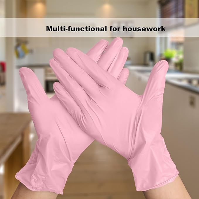 Disposable Gloves Medium, Nitrile and Vinyl Blend Material Gloves, Latex Free, 4 Mil 200 Pc Food Grade Glove for Cleaning, Food Prep, Hair Dye, Tattoo, Pink
