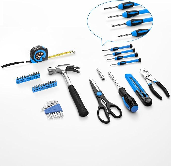 39 Piece Basic Home Tool Set Household Tool kit for Home General Repair Small Hand Tool Kit in Toolbox Storage Case for Home Garage Office College Dormitory Use, Blue