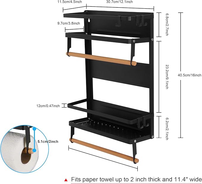 Garage Magnetic Rack Foldable, 2-in-1 Paper Towel Holder with Shelf, Garage Storage Organization, Heavy Duty Paper Towel Holder with 5 Removable Hooks for Tool Shed, Garage, Workbench, Kitchen