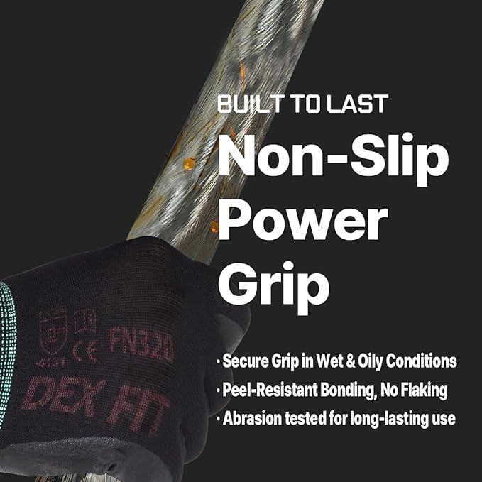 DEX FIT Nylon Work Gloves FN320, 3D Comfort Fit, Power Grip, Lightweight & Breathable, Touchscreen, Gardening, Yard Work, Warehouse, Delivery Driver Gloves; Black 9 (L)
