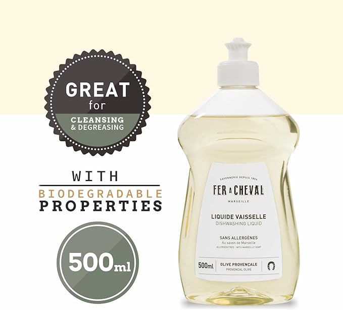 Fer à Cheval Marseille Dishwashing Soap, Olive Oil Based, Made in France - Liquid Dishwashing Bottle, 2 Pack, 500 ml/16.9 fl oz