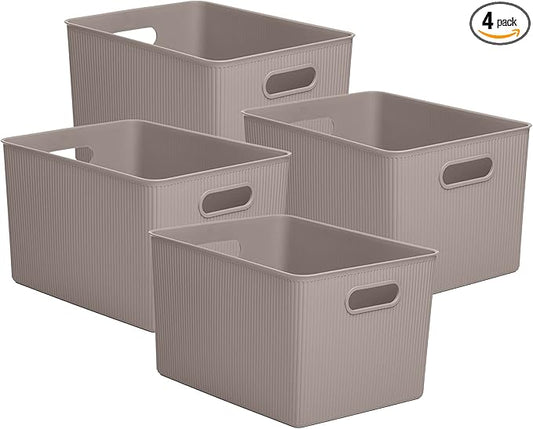 Decorative Plastic Basket Open Home Storage Bins Organizer, X-Large Taupe (4 Pack) Container Boxes for Organizing Closet Storage Bins for Shelves Drawer Shelf - Ribbed Collection 22 Liter/23 Quart