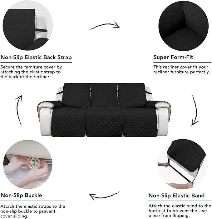 PureFit Water Resistant Reversible Sofa Covers for Reclining Sofa 3 Seat - Non Slip Split Recliner Couch Cover for 3 Cushion Couch, Washable Furniture Protector for Kids, Dogs (3 Seat, Black/Beige)
