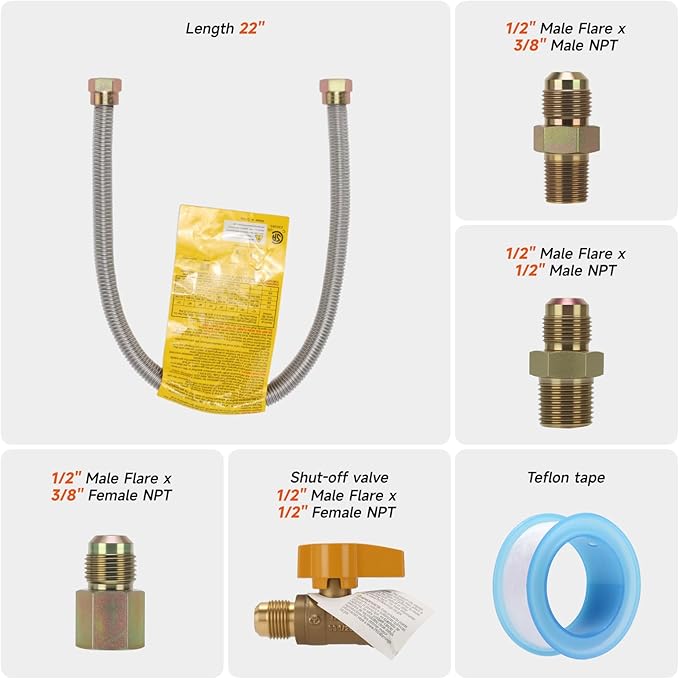 Roastove One Stop Universal Gas Appliance Hook Up Kit - Brass Gas Ball Valve and Flexible Gas Connector with Fittings for Garage Heaters, Gas Stoves, Wall Mounted Heaters, Gas Fireplace and Gas Dryer