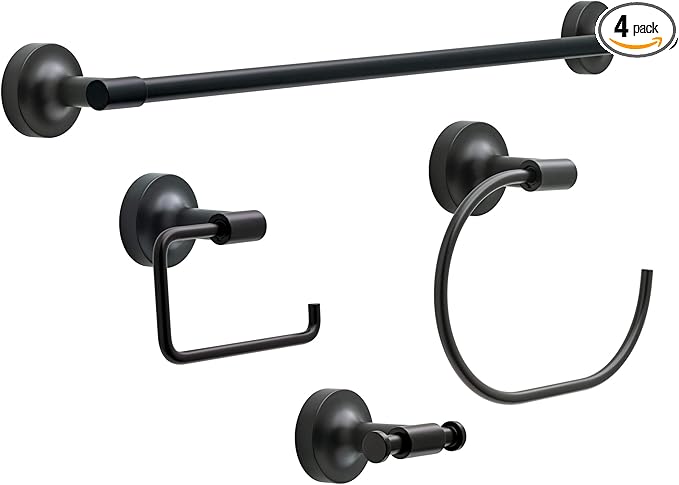 Franklin Brass Voisin (4-Pack) Bathroom Set Matte Black 24" Towel Bar Rack, Toilet Paper Holder, Hand Towel Holder, Hook | Bathroom Accessory Set Towel Holder Hardware Set VOI64-MB