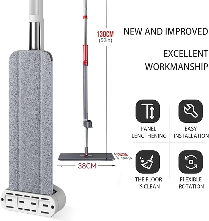 Hands-Free Self Wringing Cleaning Flat Mop - Microfiber with 6 x Washable Pads,,Floor Scrub Brush，Floor Squeegee (1 Mop+6 Microfiber Pads +1 Brush+1 Glass Wiper)