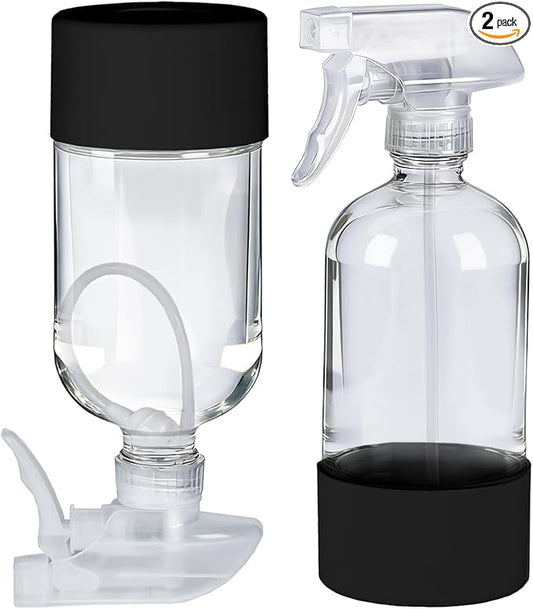 2 Pack 360° Glass Spray Bottles with Silicone Sleeve, 16 oz Empty Refillable Containers with Adjustable Spray Nozzles, Spray Bottles for Hair, Cleaning Solutions and Plants Black