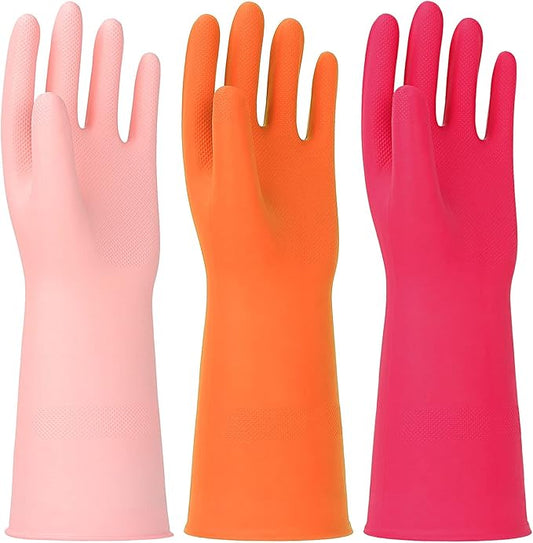 3 Pairs Rubber Cleaning Gloves Latex Free Dishwashing Gloves - 13" Reusable Nitrile Gloves Medium, Orange+Pink+Red