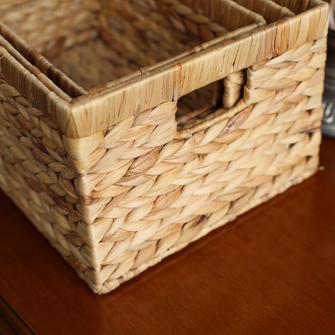 Woven Natural Water hyacinth basket Rectangular organizer basket with Handle for Desktop, Bathroom, Entryway,Kingwillow.(Small)