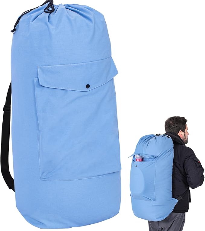 Sanlykate Canvas Backpack Laundry Bag - Extra Large Durable Dirty Clothes 2-3 Days Capacity with Adjustable Shoulder Strap & Front Pocket, for College Dorm, Apartment, Laundromats, Camping Travel
