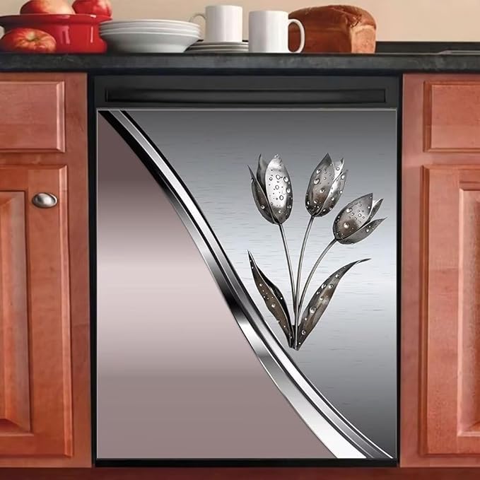 Metal Flower Magnet Dishwasher Cover,Floral Metal Texture Decal for Dishwasher Front Door,Pink Polishing Steel Kitchen Dishwsher Magnetic Sticker 23'' W x 26'' H