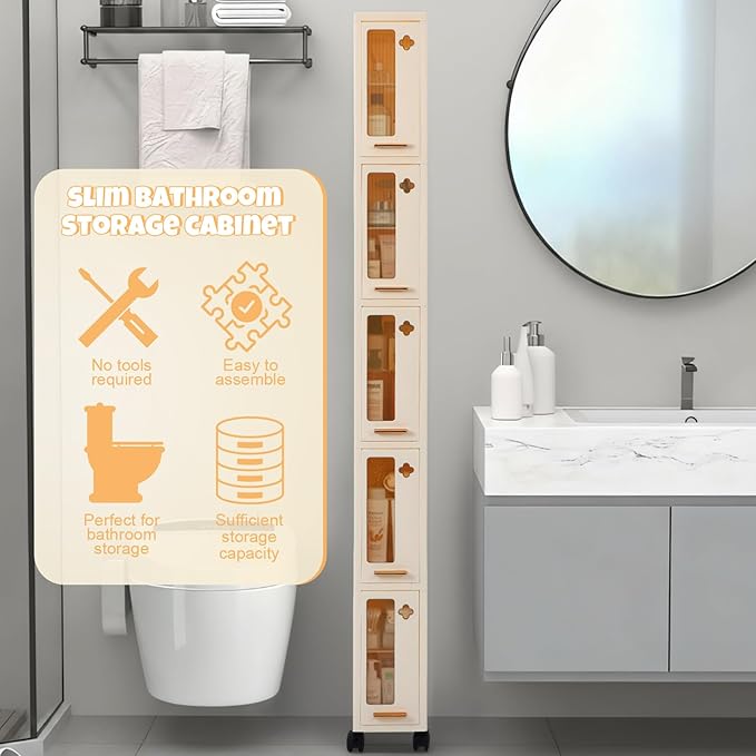 Weysat Narrow Bathroom Storage Cabinet with Wheels Slim Storage Organizer with Transparent Doors and Shelves for Small Space, Bathroom, Bedroom, Kitchen(5 Tiers)