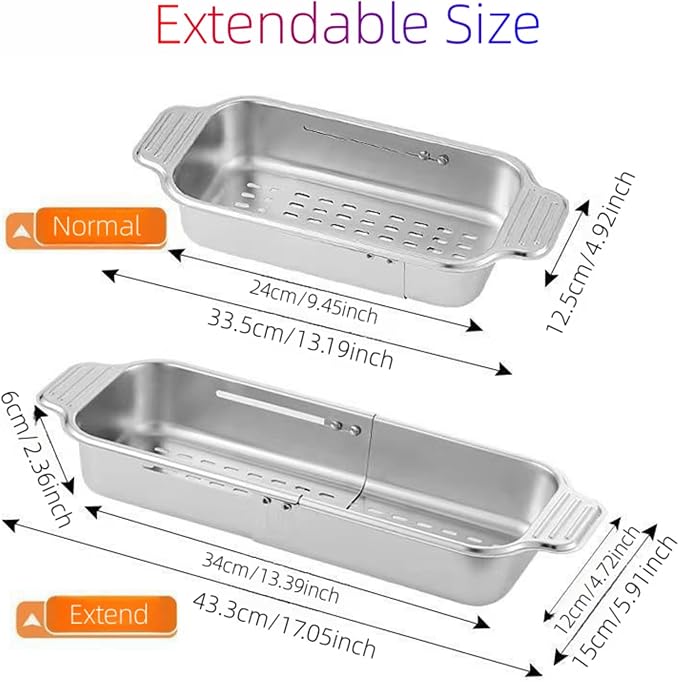 Extendable Over the Sink Colander Strainer Basket, Stainless Steel Retractable Kitchen Sink Basket - Wash Vegetables, Fruits, Drain Pasta and Dry Dishes (L)
