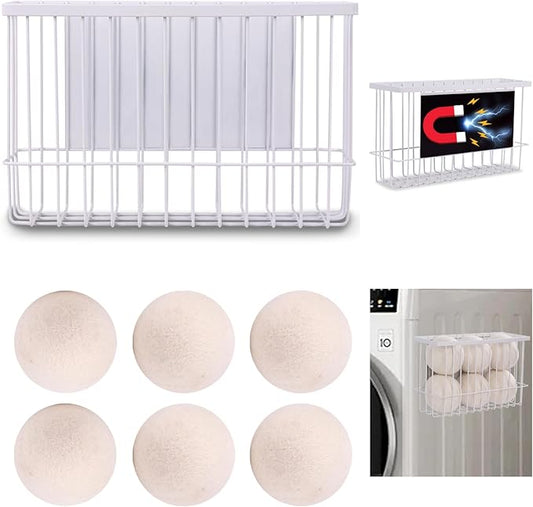 Magnetic Dryer Ball Holder Plus 6 XL Wool Dryer Balls from New Zealand Wool – Laundry Dryer Balls Organizer & Storage, Magnetic Basket for Dryer Balls, Space-Saving & Easy Tool-Free Installation