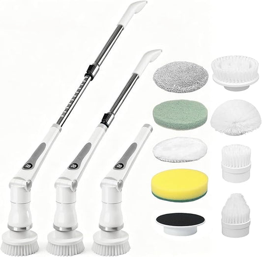 Cordless Electric Spin Scrubber, 4 Angles with 8 Replaceable Brush Heads, Adjustable Handle 3 Speeds with LED Display-90Mins Runtime, IPX7 Waterproof Scrubber Cleaner Brush for Bathtub Bathroom